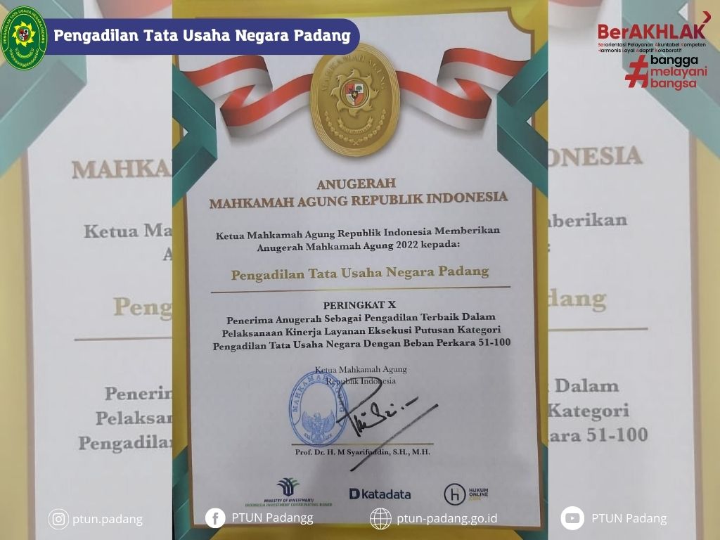 Anugerah Mahkamah Agung 2022 untuk Pengadilan Tata Usaha Negara Padang