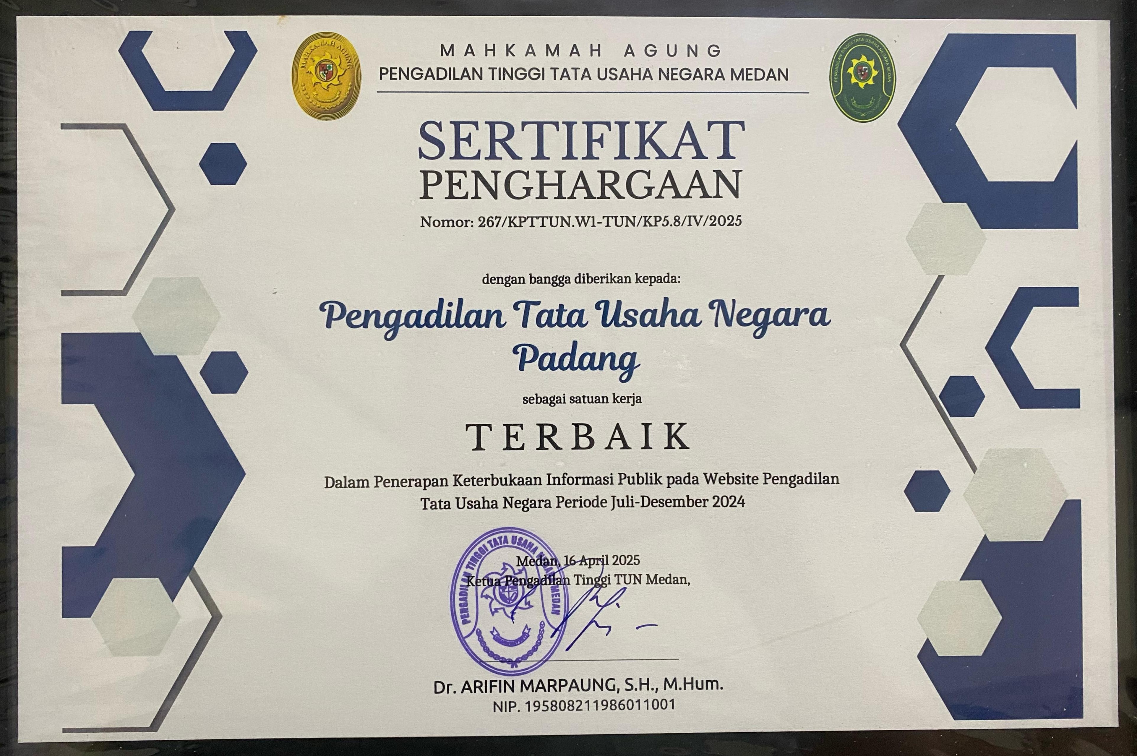 Penghargaan Sertifikat Penerapan Kerterbukaan Informasi Publik Pada Website
