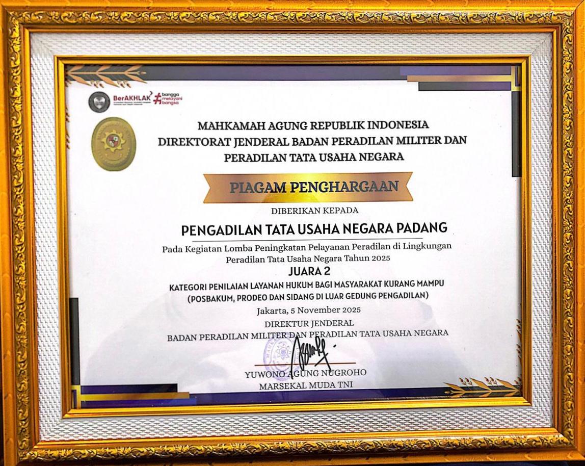 Penghargaan Juara 2 (Dua) pada Kegiatan Lomba Peningkatan Pelayanan Peradilan di Lingkungan Peradilan Tata Usaha Negara Tahun 2025