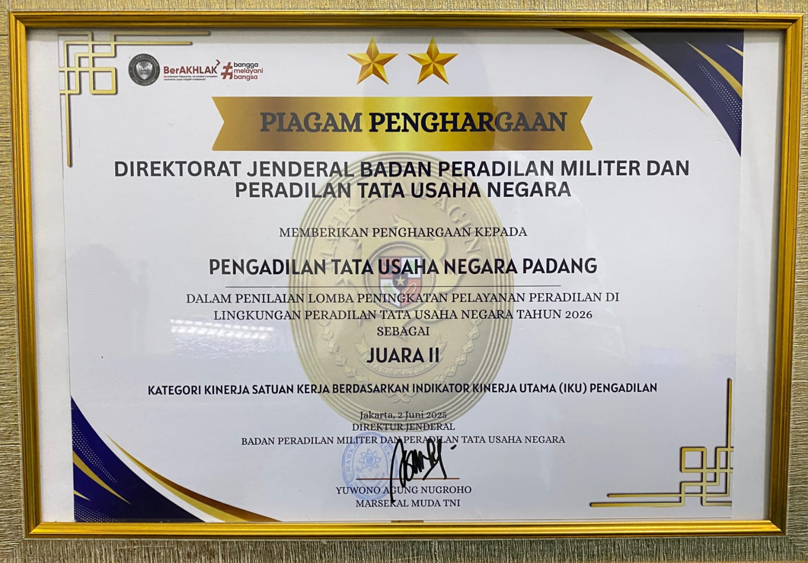 Piagam Penghargaan Direktorat Jenderal Badan Peradilan Militer dan Peradilan Tata Usaha Negara Tahun 2026