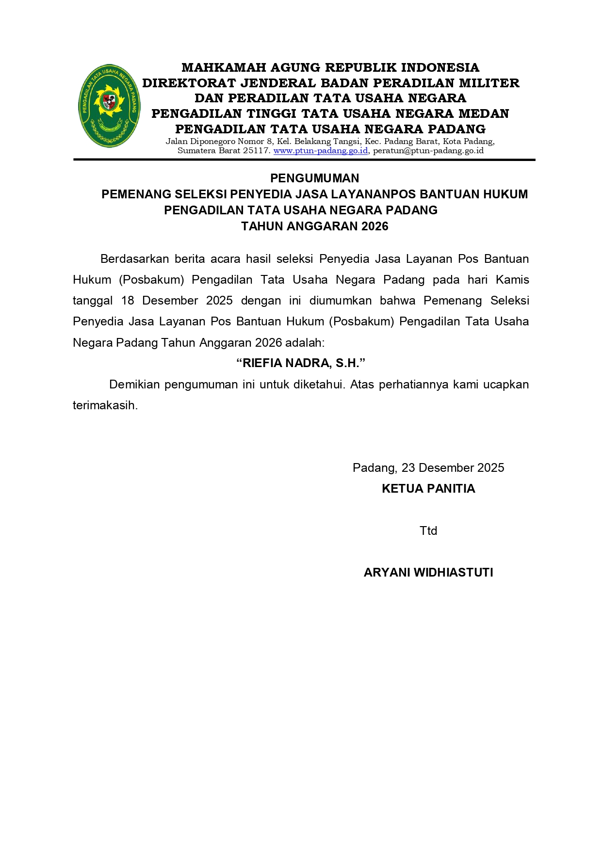 Pemenang Seleksi Penyedia Jasa Layanan Pos Bantuan Hukum TA 2026
