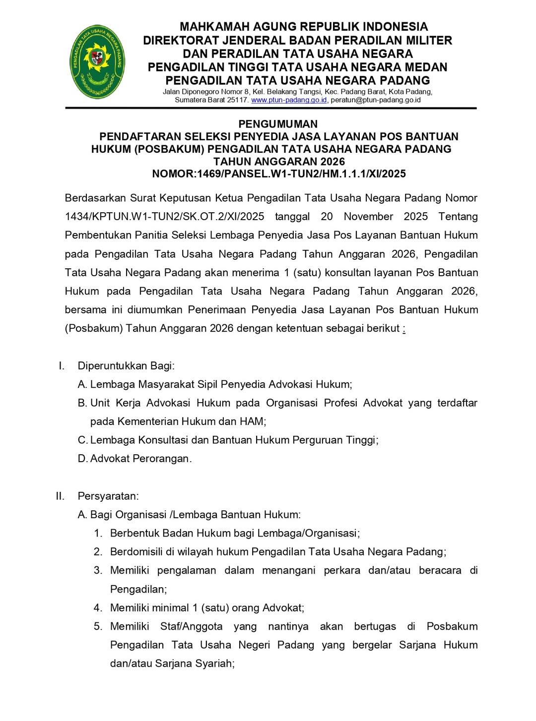 PENGUMUMAN PENDAFTARAN SELEKSI PENYEDIA LAYANAN POSBAKUM PENGADILAN TATA USAHA NEGARA PADANG TA 2026